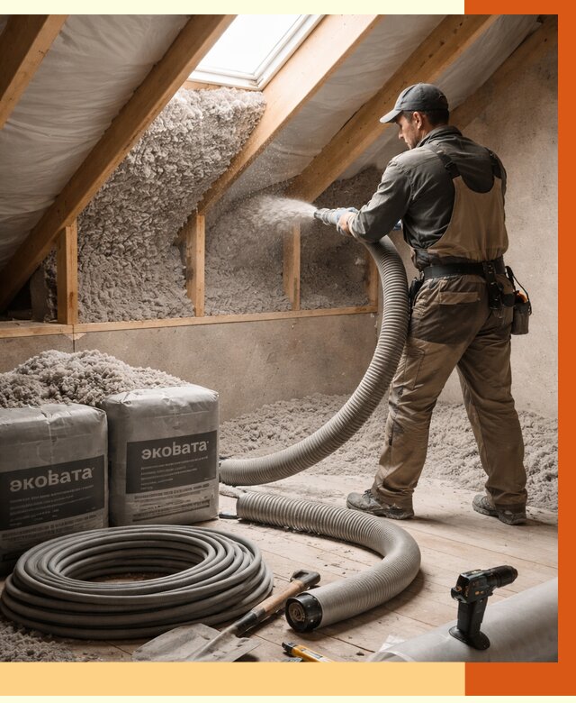 Утепление мансарды эковатой в Орехово-Зуево от 2292 руб/м2 — монтаж, задувка, цена | ТепломастерРхв