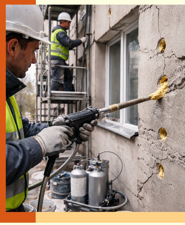 Заполнение пустот в фасаде и утепление стен в Орехово-Зуево